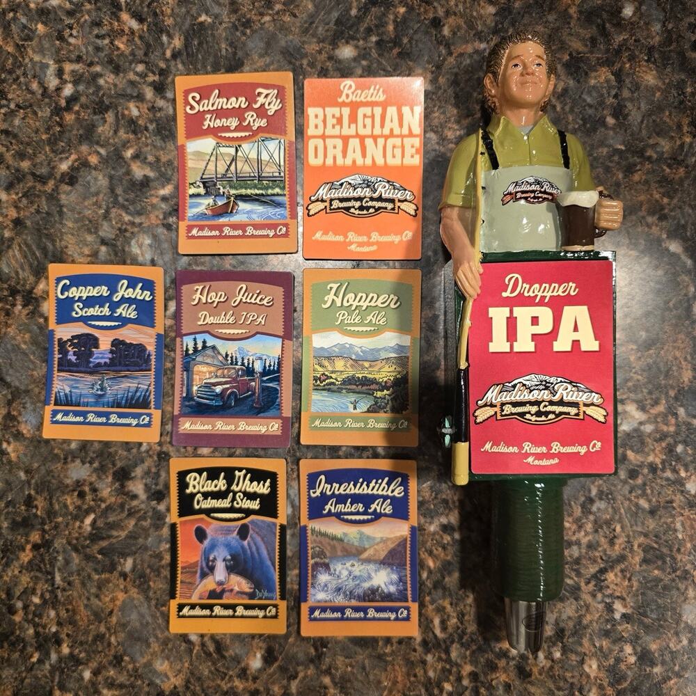 Madison River Brewing Dropper IPA Figurine Beer Tap Handle w/ Complete Badge Set
